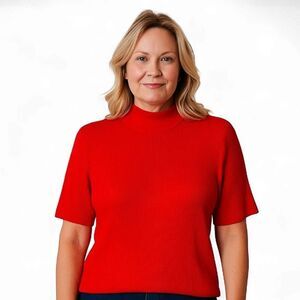 Studio Works Classic Red Ribbed Top Mock Neckline Short Sleeve Layering Piece
